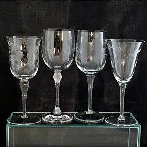 Mismatched Wine Glassware Collection set/4 vintage etched mixed cocktail glasses